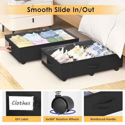 Under Bed Storage with Wheels, 2-Pack Under Bed Storage Containers with Clear Lid and Handles, Rolling Underbed Storage Drawers Organizer for Clothes,Shoes,Toys, Books (Black)