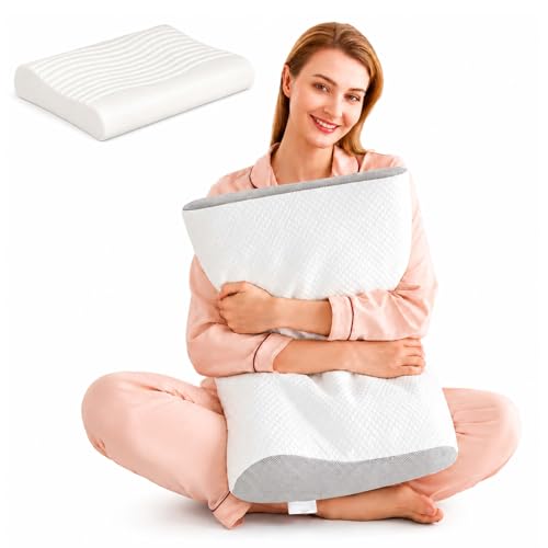 Lavender Contoured Memory Foam Pillow,White Gray, 3.9" | Designed for side & back sleepers; ergonomic cervical support; lavender-scented memory foam; breathable cover for cool sleep