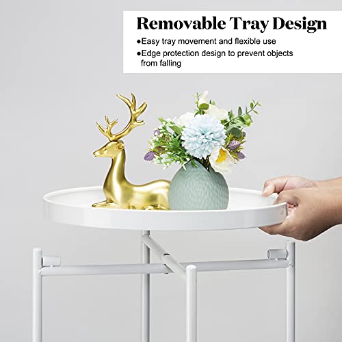 Danpinera 2 Tier Metal Side Table with Removable Tray - Round Accent Table, Anti-Rust White Nightstand for Bedroom, Balcony, Patio - color: White