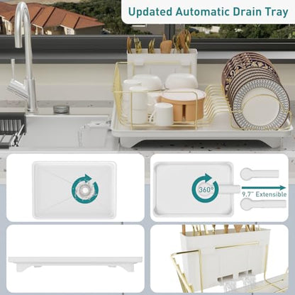 Buruis Dish Drying Rack for Kitchen Countertop, Large Capacity Gold Stainless Steel Dish Drainer with Anti-Slip Rubber Feet, Removable Drain Board and Utensil Holder (White Tray) - color: White Drainer