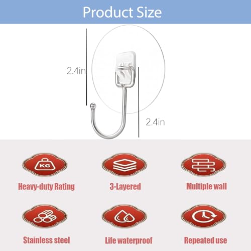 Heavy Duty Self Adhesive Hooks - 33lb Max Transparent Waterproof ,Strong adhesion for Hanging Wall Hooks,Adhesive Round Sticky Hooks for Bedrooms, Shower, Kitchens, Offices, Doors, Outdoor (5-pcs)