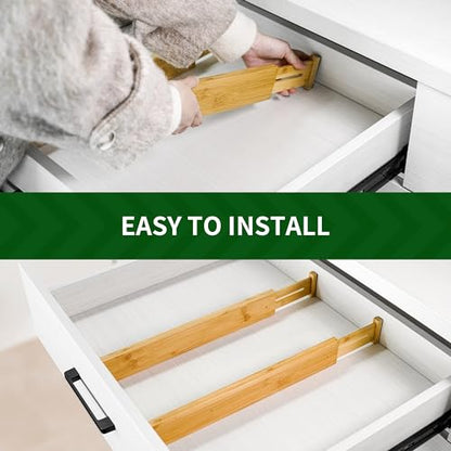 VaeFae 6-Pack Adjustable Bamboo Drawer Dividers, Expandable Drawer Organizer for Kitchen Utensils, Clothes, Bathroom, Office – Fits Drawer Interiors 16.6" to 21.8" - size: 2.4''H, 16.6''-21.8''L, 6 Pack