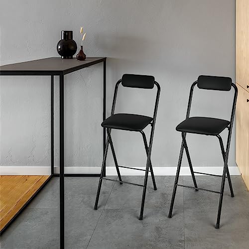 Thyle 2 Pcs Folding Bar Stool with Backrest, Tall Foldable Stool Chair Portable High Folding Bar Chair Counter Height Seat Leather Padded for Kitchen Island Shop Cafe Dining Room Black (27.5 Inch) - size: 27.5 Inch