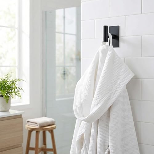 Self-Adhesive Coat Hooks,Towel Hooks for Bathroom,2 Packs Wall Mount Towel Holder,Black Matte Wall Robe Hook,Stainless Steel Heavy Duty Door Hanger Towel Hook for Kitchen,Bathroom
