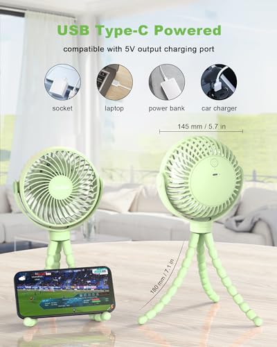 Coohea Stroller Fan Clip on for Baby, 4000mAh Rechargeable Battery Operated, Flexible Tripod, 3 Wind Speed, 360° Rotatable, Small Portable Fan for Car Seat Crib Golf Cart Beach Travel, Green - color: Green