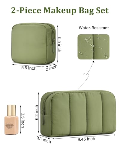 oscaurt 2 Pcs Makeup Bag Travel Toiletry Bag for Women Puffy Padded Cosmetic Pouch Purse Wide-open Makeup Organizer Case Travel Essentials - color: Army Green-Set