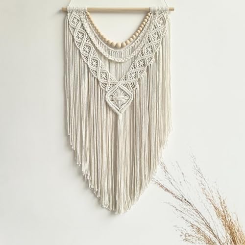 guzhiou Macrame Wall Hanging Boho Geometric Woven Tapestry Cotton Handmade Bohemian Art Decor with Wood Bead Wall Decor for Bedroom Living Room Apartment Nursery 31.5" L x 17" W(Wood bead-A) - color: Wood bead-A