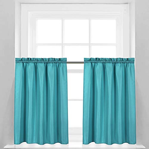 Valea Home Waffle Weave Textured Bathroom Window Curtains Water Repellent Short Curtains Window Covering Half Window Curtains Kitchen Tiers 36 inch Length, Turquoise, Set of 2 - color: Turquoise, size: 36"W x 36"L (Pack of 2)