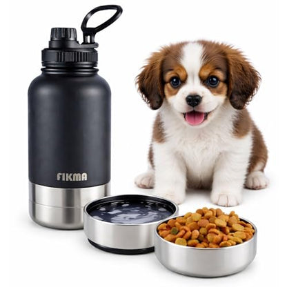 Insulated Dog Water Bottle with 2 Bowls, 32oz Insulated Stainless Steel Travel Bottle for Pets, Leak-Proof Portable Design for Hiking, Camping & Travel (Black)