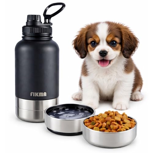 Insulated Dog Water Bottle with 2 Bowls, 32oz Insulated Stainless Steel Travel Bottle for Pets, Leak-Proof Portable Design for Hiking, Camping & Travel (Black)