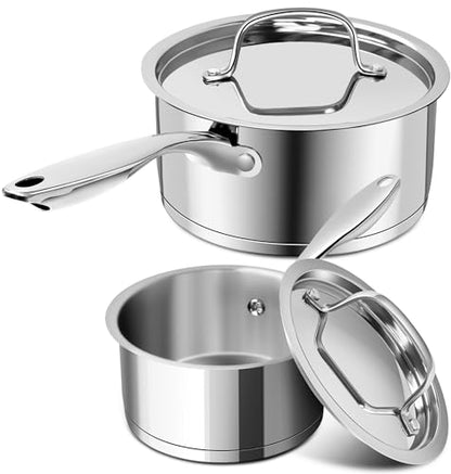 MICHELANGELO Stainless Steel Saucepan Set with Stainless Lids, Tri-Ply Bottom Sauce Pan with Lid, Sauce Pot Set 1QT & 2QT, Nonstick Saucepan, Dishwasher Safe - size: 1+2 QT