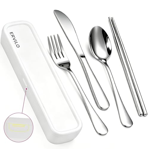 Travel Utensils with Case, Stainless Steel Portable Cutlery Set, Lunch Box Silverware for Work Camping Picnic, Reinforced Case with Snap-Lock Closure, Include Fork Spoon Knife Chopsticks, Silver - color: Silver
