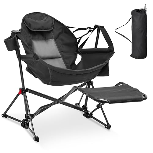 Ainfox Hammock Camping Chair with Footrest, Foldable Portable Rocking Chairs for Adults Outside Swinging Camp with Cup Holder Pillow for Outdoor Patio Poolside (Black) - color: Black, size: With Footrest