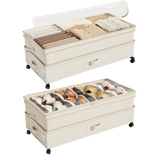 Kitstorack 2Pack Height-adjustable Under Bed Storage with Wheels, Under Bed Storage Containers,Under Bed Shoe Storage Organizer with Clear Window&Label, Suitable for Clothes Storage, Beige - color: Beige, size: 2 Pack