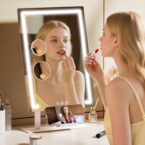 Gospire Hollywood Lighted Makeup Mirror, 4000mAh Rechargeable Vanity Mirror, 3 Color Modes Lighting Mirror with Magnification 5X/10X, Touch Control&Phone Holder, LED Desktop Mirror for Bedroom - size: 19.7"L x 11.8"W