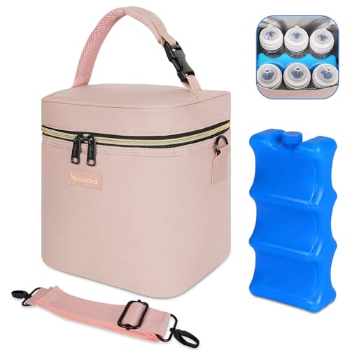 Mancro Breastmilk Cooler Bag Fits 6 Bottles Up to 9 Ounce, Insulated Baby Bottle Bag Comes with ice Pack and Shoulder Strap, Baby Bottle Cooler Bags for Daycare Nursing, Pink - color: Pink