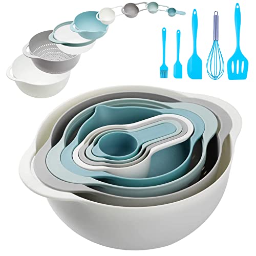 13 Pcs Mixing Bowls Set, RV Camping Accessories Set, Apartment Kitchen Gadget Easy Storage, Inculding Measuring Cups Colander Sifter Large Bowl Whisk Scraper, Great for Cooking and Baking, No BPA - color: Light Blue-1