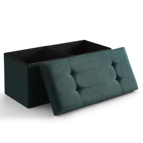 Storage Ottoman Bench Foldable Seat Footrest Shoe Bench End of Bed Storage with Flipping Lid, 75L Storage Space, 30 inches Linen Fabric Emerald, OT026DGN - color: Emerald, size: 30" Flip