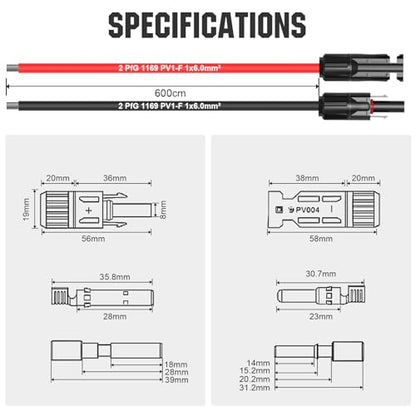 ECO-WORTHY 20FT 10AWG Solar Extension Cable 30A/1000V DC, IP67 Waterproof with Compatible Quick Connectors (Red+Black) for Solar Panels, Controllers, Off-Grid Systems - size: 20FT 10AWG