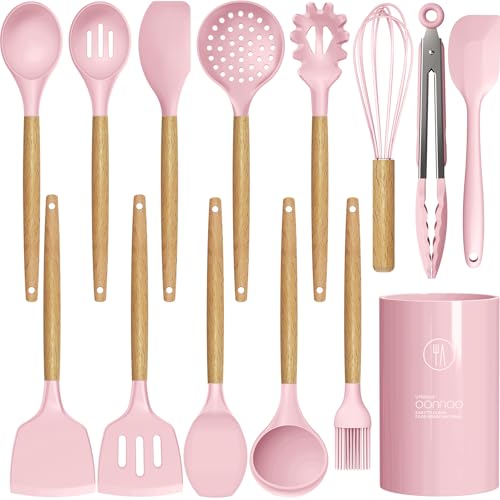 oannao Silicone Kitchen Utensils Set - 446°F Heat Resistant Cooking Utensil Sets, Spatula,Turner,Tongs,Spoon,Whisk, Wooden Handle Silicone Kitchen Gadgets Tools for Non-Stick Cookware BPA Free (Pink) - color: Pink
