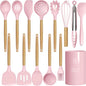 oannao Silicone Kitchen Utensils Set - 446°F Heat Resistant Cooking Utensil Sets, Spatula,Turner,Tongs,Spoon,Whisk, Wooden Handle Silicone Kitchen Gadgets Tools for Non-Stick Cookware BPA Free (Pink) - color: Pink