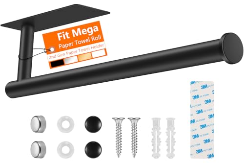 UREZORGEAR 2nd Gen Paper Towel Holder Under Cabinet No Drilling, [More Sturdy] Self Adhesive or Drilling Paper Towel Holder Wall Mount for Kitchen,RV [Fit Mega Paper Towel Roll] SUS304 Stainless Steel - color: Black_2nd Gen
