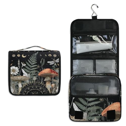 Mushroom Moon Phase Fern Hanging Toiletry Makeup Bag Travel Organizers Toiletries Cosmetics Bag for Women - color: Mushroom Moon Phase Fern