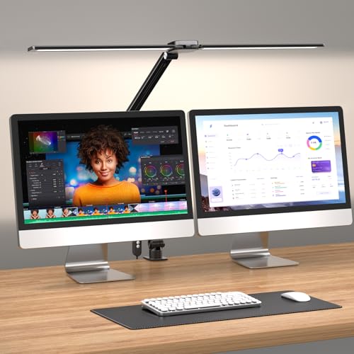 CHARYJOD LED Desk Lamp for Office Home, Architect Desk Light with Clamp | Dual Screen Computer Monitor, 5 Color X 10 Brightness Levels Desk Lamp for Reading, Study, 1000LM Bright, Memory Function