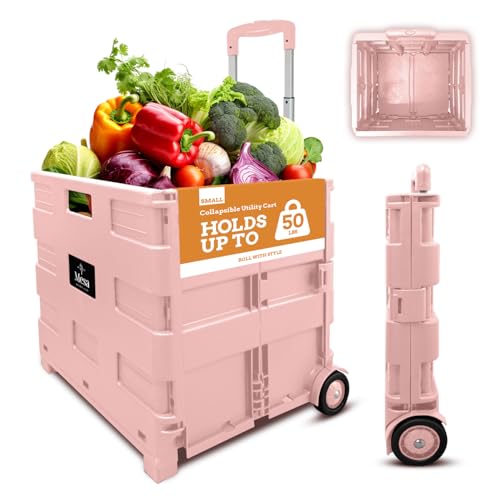 Inspired Living Ultra-Slim Rolling Collapsible Storage Pack-N-Roll Utility-carts, with Telescopic Handle, for Home, Garden, Shopping, Office, School use, Medium, Raspberry Pink - color: Raspberry Pink, size: Medium/ No Lid