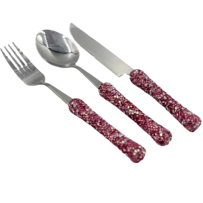 Bling Rhinestone Crystal Dazzling Culinary Utensils Travel Set for Office, Lunch, and Travel (3, Pink) - color: Pink