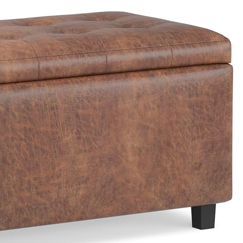 SIMPLIHOME Cosmopolitan Storage Ottoman - 34 inch Wide Upholstered Vegan Leather Rectangle Storage Ottoman Bench in Distressed Saddle Brown, Transitional Tufted Ottoman for Entryway with Lift-Up Lid - color: Distressed Saddle Brown