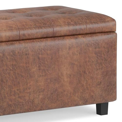 SIMPLIHOME Cosmopolitan Storage Ottoman - 34 inch Wide Upholstered Vegan Leather Rectangle Storage Ottoman Bench in Distressed Saddle Brown, Transitional Tufted Ottoman for Entryway with Lift-Up Lid - color: Distressed Saddle Brown
