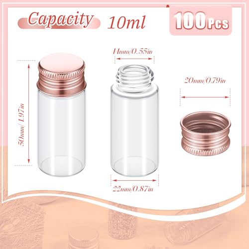 Didaey 100 Pcs Small Clear Vials Spice Mini Jars with Lids Mini Glass Bottles with Screw Aluminum Metal Caps Tiny Jars Sample Containers for Powder Cream Cosmetic Jewelry Wedding (10 ml,Rose Gold) - color: Rose Gold, size: 10 ml