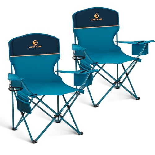 LET'S CAMP Camping Chair 2 Pack Folding Chair with 4-Can Cooler Bag Portable Lawn Chair with Cup Holder,Storage Pocket, Supports 250LBS, Collapsible Chair for Camp, Beach, Picnic (Blue) - color: Blue