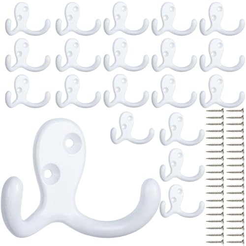 IBosins 20 Pack Heavy Duty Coat Hooks Wall Mounted with 40 Screws Wall Hooks Retro Double Prong Hooks Utility Hooks for Coat, Scarf, Bag, Towel, Key, Cap, Cup, Hat - color: 20 Pcs White