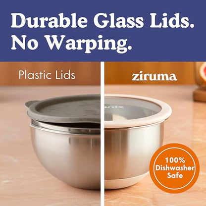 Non-Toxic Stainless Steel Mixing Bowls, Glass Lids, Plastic Free, 5-Pcs | LFGB platinum silicone seal. Keeps food fresh longer. Airtight. Non-slip silicone base. Dishwasher safe. Measurement marks.