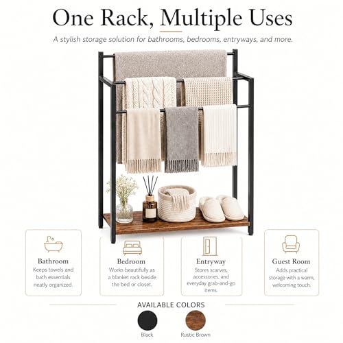 24.8" W Freestanding Towel Rack, 3 Tier Blanket Ladder Stand with Rustic Brown Wooden Shelf for Bathroom Living Room - color: Rustic Brown, size: 31.5" H x 24.8" W x7.9 D