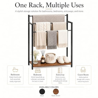 24.8" W Freestanding Towel Rack, 3 Tier Blanket Ladder Stand with Rustic Brown Wooden Shelf for Bathroom Living Room - color: Rustic Brown, size: 31.5" H x 24.8" W x7.9 D