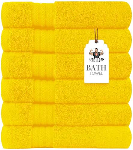 HERCULEAN Large Bath Towels 24 x 50 Pack of 6 | Quick Dry and Highly Absorbent | 100% Cotton Terry Towels for Bathroom - Perfect for Shower - Pool and Spa - Luxury Soft Towels - Lemon Yellow - color: Yellow, size: 24" x 50" PK 6