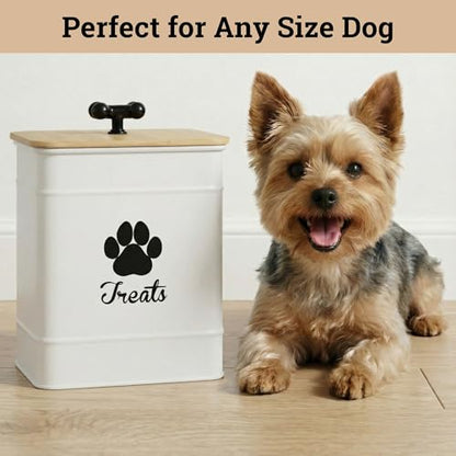 Dog Treat Container Airtight - 6 Inch Wide x 8 Inch Tall Iron Dog Treat Jar for Kitchen Counter with Airtight Bamboo Lid - 12 Cup Capacity Pet Treat Container - Doggie Cookie Jar - Big Treats Canister - color: White