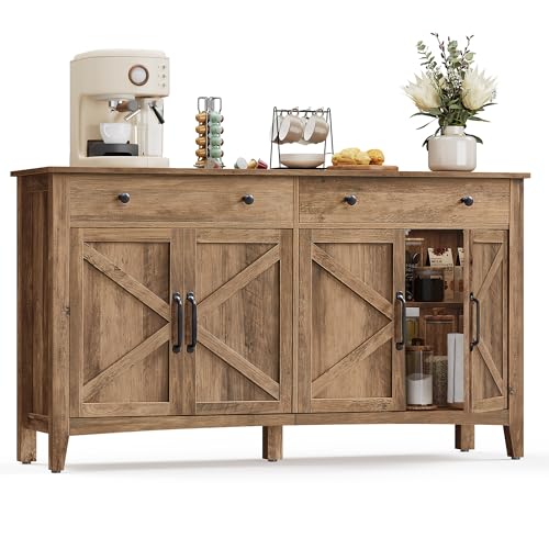 VASAGLE LIRY Collection - Buffet Cabinet, Coffee Bar Cabinet with 2 Drawers, Adjustable Shelves, Sideboard Storage with Cable Holes, Drawer Dividers, Honey Brown UBBK381K01 - color: Honey Brown, size: 2 Drawers + 4 Doors (55.1"W)