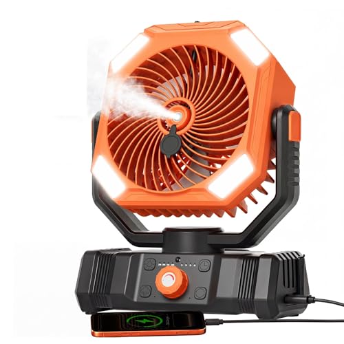 USONE Misting Fan, 5-in-1 Portable Tent Fan, [16-65Hrs] 20000mAh Rechargeable Camping Fan, 2 Spray Modes, 300mL Tank, LED Light & Hook, Remote & Timer, Outdoor Fan for Patio, Beach,Orange - color: Orange, size: 20000mAh