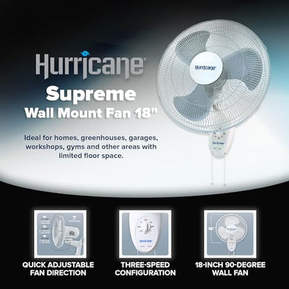 Hurricane 18" Supreme 90-Degree Oscillating Wall Mounted Fan with 3 Quiet Speeds, White - Indoor Air Cooling Unit with Adjustable Tilt and Pull Cords for Bedroom, Garage, Office, and Home - style: 18" Supreme