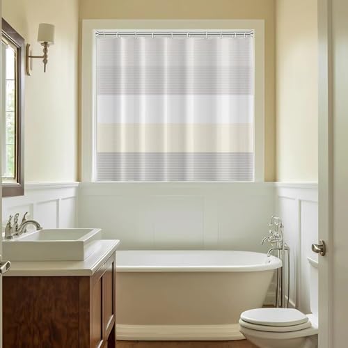 Boho Small Shower Window Curtain 60" Wx48 L White Grey Lines Waterproof Short Shower Curtain Set with Hooks Bohemian Stripe Shower Curtains for Bathroom - color: Beige, size: 60"W x 48"L (Pack of 1)