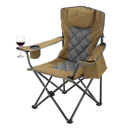 ARROWHEAD OUTDOOR Portable Deluxe Folding Camp Quad Chair w/Headrest, Glass & Cup Holders, Armest 6-can Cooler, Heavy Duty Carry Bag, 550 lbs Weight Capacity - color: Brown