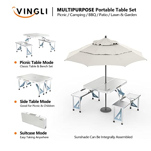 VINGLI 4Ft Folding Camping Picnic Table with Seats/Umbrella Hole-265 Lbs Support that Lightweight and Fold Up Card Suitcase Table Aluminum Alloy Frame, RV Tabletop with Soft Handl - color: White