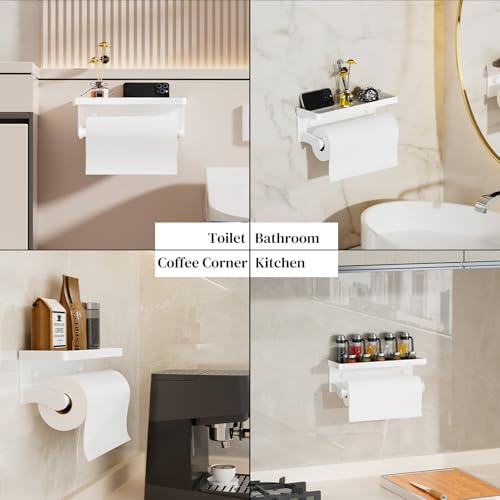 White Paper Towel Holder with Shelf, Wall Mount Paper Towel Holder for Bathroom Kitchen, Hand Towel Rack Holder,Paper Roll Holder with Self Adhesive & Screw,RV - color: White Pro