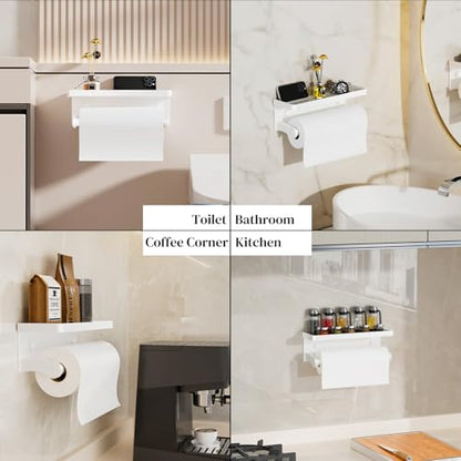 White Paper Towel Holder with Shelf, Wall Mount Paper Towel Holder for Bathroom Kitchen, Hand Towel Rack Holder,Paper Roll Holder with Self Adhesive & Screw,RV - color: White Pro