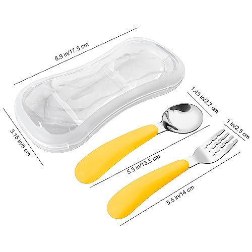 VANRA 2 Pieces Toddler Fork and Spoon Set with Travel Case 18/8 Stainless Steel Toddler Utensils Kids Silverware Children Flatware Child Cutlery Set for School Lunch Box (Yellow) - color: Yellow