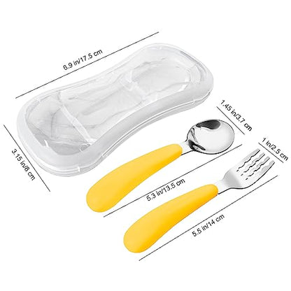 VANRA 2 Pieces Toddler Fork and Spoon Set with Travel Case 18/8 Stainless Steel Toddler Utensils Kids Silverware Children Flatware Child Cutlery Set for School Lunch Box (Yellow) - color: Yellow